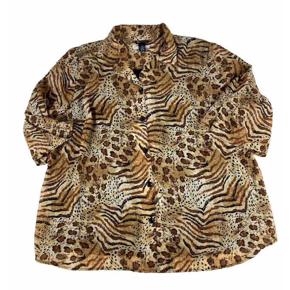 Maggie Barnes Blouse Womens 30w Brown Beige Animal Print Button Up Long Sleeve